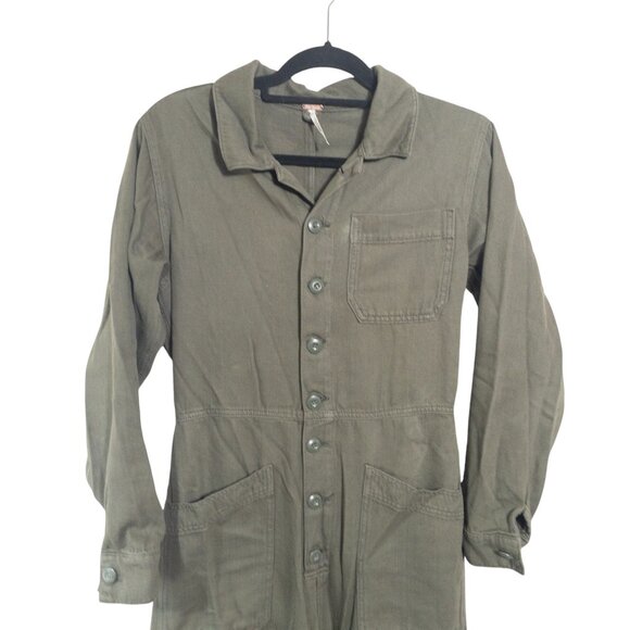Free People Gia Coverall Jumpsuit Army Green Revolve SZ M Fitted Ankle Cotton - Picture 10 of 11